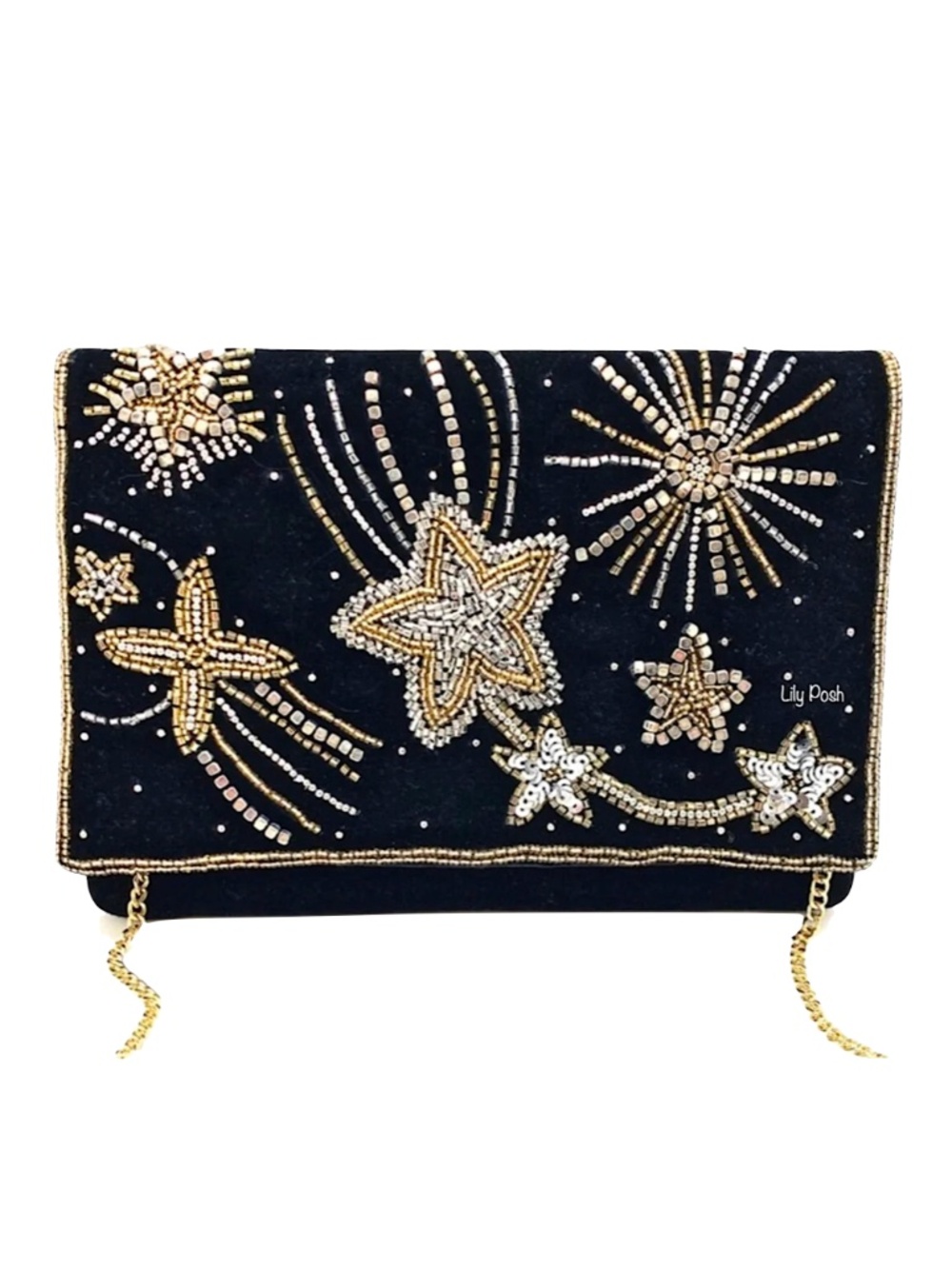 Lily Posh Black Velvet Starburst Clutch, Black Crossbody Bag, NEW